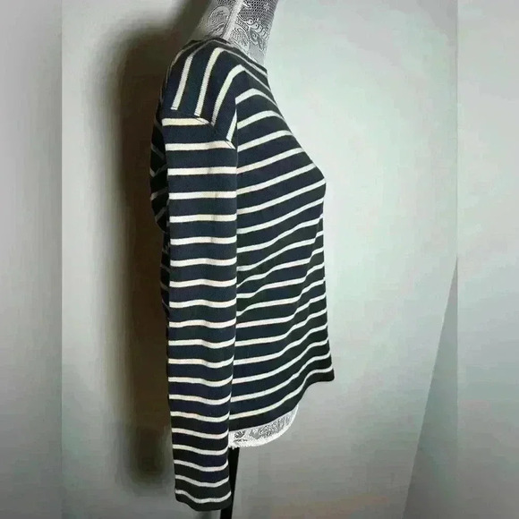 LL Bean Women’s Crew Neck Black/Cream Striped Longsleeve Tight Knit Pullover.  M - Picture 7 of 12